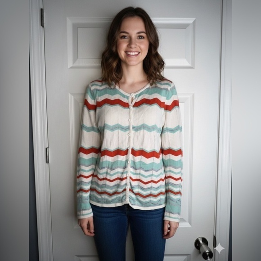 Saks Fifth Avenue Women’s Large White Knit Teal Cardigan Sweater Top Spring L